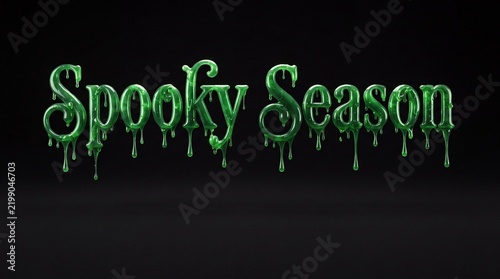 Spooky season green slime typography spelling Halloween greeting text glowing, font lettering on black.