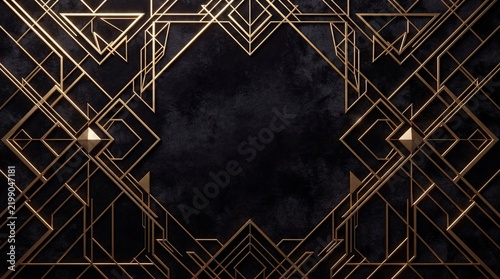 Geometric gold art deco frame pattern overlapping dark black velvet background texture, luxurious golden lines intersecting symmetrically.