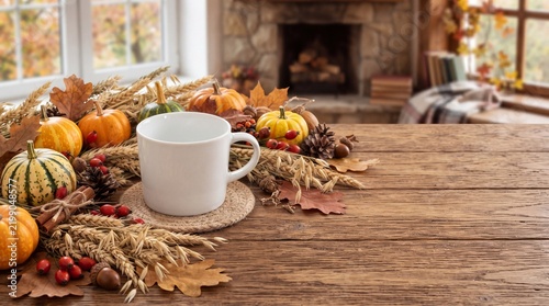 White ceramic coffee mug on burlap coaster next to autumn pumpkins and wheat, cup surrounded by harvest, beside ears small gourds.