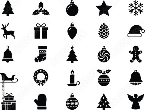 Set of black silhouette christmas icons featuring holiday decorations and festive symbols on a white background