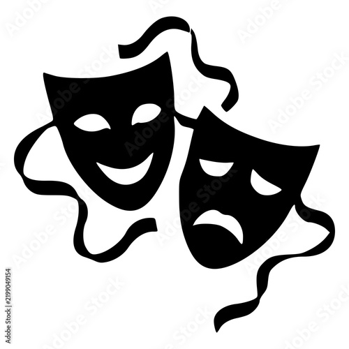 Fotografie Gothic comedy and tragedy theater masks tied with ribbon, black silhouette vector icon for dark drama, acting, stage performance, emotions, carnival, tattoo, sticker and print designs