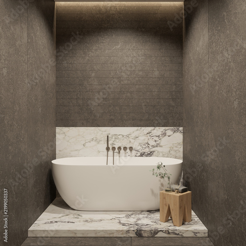 Minimalist bathroom interior with bathtub and bath accessories , empty wall mock up , 3d rendering