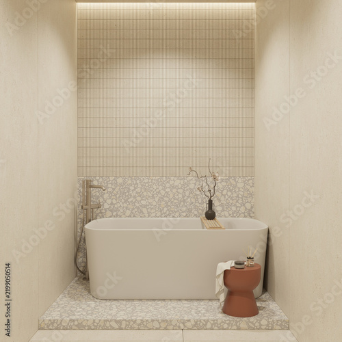 Modern playful bathroom interior with bathtub and bath accessories , empty wall mock up , 3d rendering