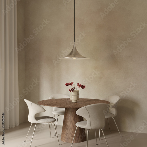 Modern dining room interior with table , chairs and pendant light , empty wall mock up , 3d rendering
