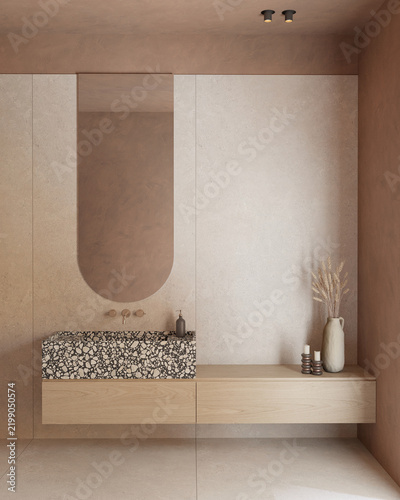Playful bathroom interior design with vanity , mirror and decor , empty wall mock up , 3d rendering