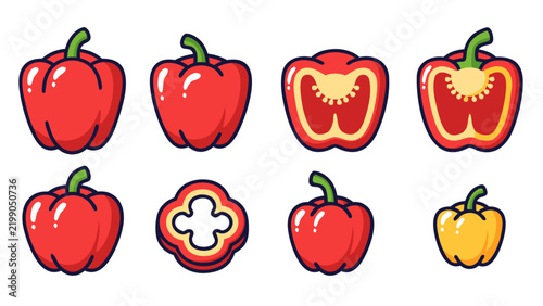 Collection of stylized red and yellow bell peppers, whole and sliced