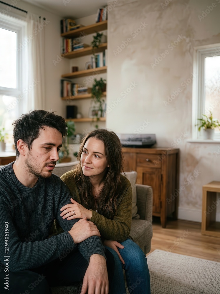 Fototapeta premium Supportive Young Woman Comforting Her Sad Partner During A Difficult Conversation At Home Living Room