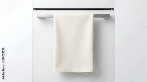 Minimalist white kitchen towel hanging on metallic appliance handle, clean modern kitchen towel mockup, folded soft cotton tea towel on oven door