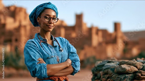African Doctor in Rural Village: A dedicated female doctor, wearing a blue headscarf and stethoscope, stands proudly with arms crossed in a desert village, representing healthcare and resilience.