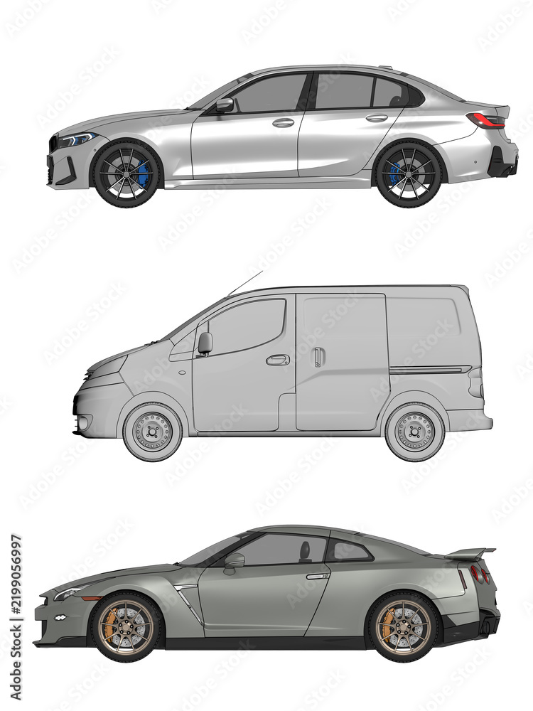 Naklejka premium car set isolated on transparent background, 3d illustration, cg render, side view