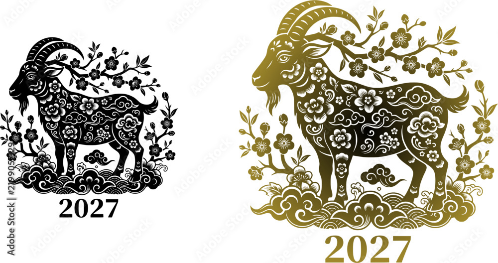Fototapeta premium Chinese New Year 2027 Year of the Goat golden icon set with zodiac goat, mountain profile, lucky cloud, gold ingot, red envelope, lantern, firecracker, and peach blossom isolated on white background
