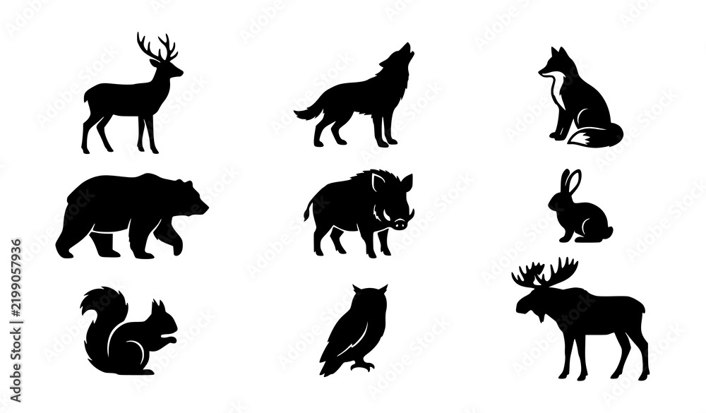Obraz premium Wild Forest Animals Black Silhouette Vector Collection with Deer Wolf Fox Bear Moose and Wildlife