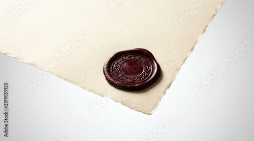 Vintage wax seal on cream parchment paper, elegant dark red stamp background, authentic antique document mockup