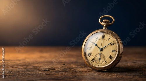 Vintage pocket watch on rustic wooden table, antique brass timepiece with warm lighting, classic analog clock for history and deadline concepts