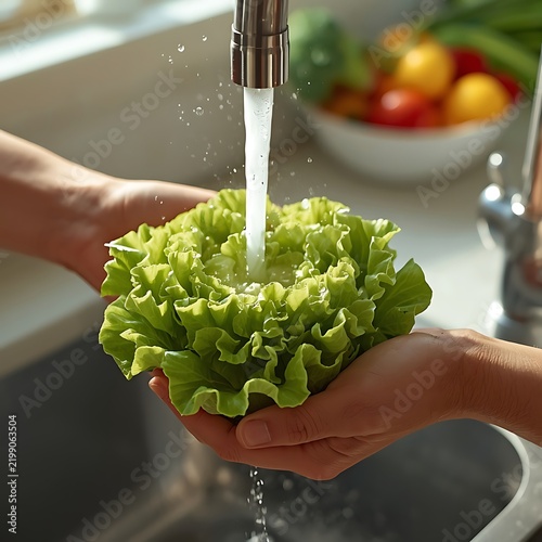 Person holding fresh lettuce under running faucet water for thorough cleaning in kitchen.