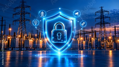 Glowing blue shield with padlock over an electrical substation. Concept of critical infrastructure cyber security and smart grid protection.