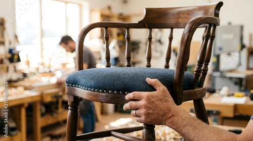Hands of a professional carpenter presenting a beautifully restored vintage wooden chair with blue fabric upholstery in a bright woodworking workshop, craftsmanship and furniture restoration concept