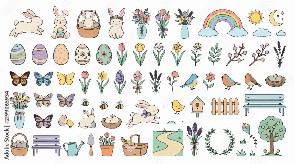 Obraz premium Easter Spring Bunny Clipart Collection with Colorful Eggs, Flowers, Butterflies, Birds and Garden Decorations