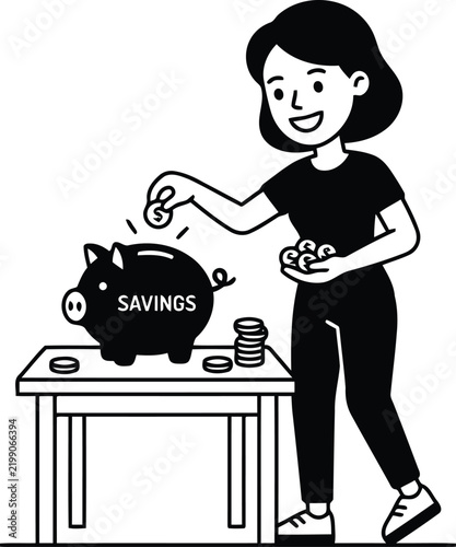 Woman Saving Money with Coins into Piggy Bank, Personal Finance Planning, Budget Management, and Financial Savings Illustration