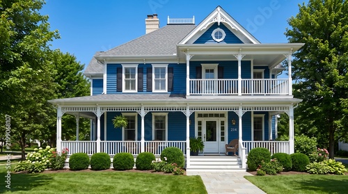 Classic two story blue wooden house with front porch and green lawn classic architecture residential home