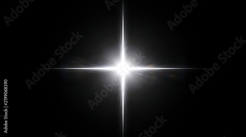 Radiant four pointed star glow isolated on dark background with lens flare star light glowing abstract