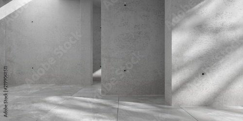 Modern brutalist concrete interior with sunlight tree shadow, multiple offset wall and tiled floor - industrial indoor room background template