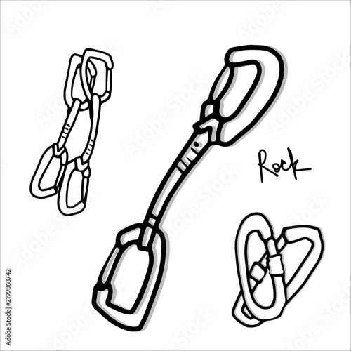 Set climbing equipment and accessories outlina illustrations depicting various elements of rock climbing including carabiner 
