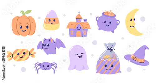 Cute Pastel Kawaii Halloween Element Character Vector Set