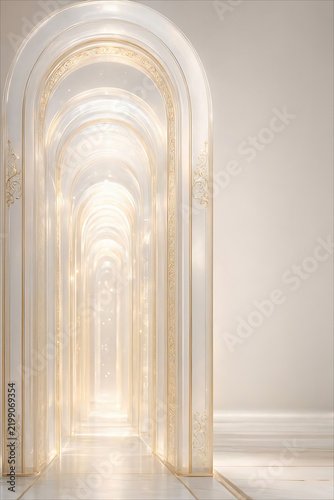Angelic Light Tunnel Spiritual Abstract White & Gold Heavenly Radiance Background with Ethereal Glow and Expansive Copy Space Portrait Design