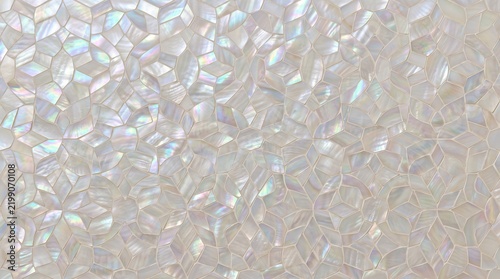 Elegant white mother of pearl mosaic background with iridescent geometric tiles creating a shimmering pearlescent texture perfect for luxury interior design and decorative surface concepts