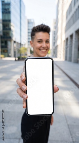Vertical photo of a smiling woman holding a smartphone with a blank white screen. Wide angle perspective mockup of mobile phone in city street. Digital app presentation template