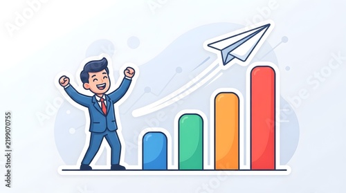 Successful Business Character Reaching High Corporate Sales Goals Using Creative Growth Analysis
