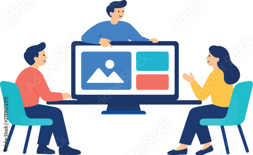 Team meeting with video conference on laptop illustration isolated on transparent background