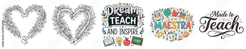 Obraz premium Set of five creative teacher themed illustrations with heart shapes and quotes