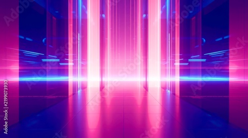 Vibrant neon beams pulse through futuristic corridor
