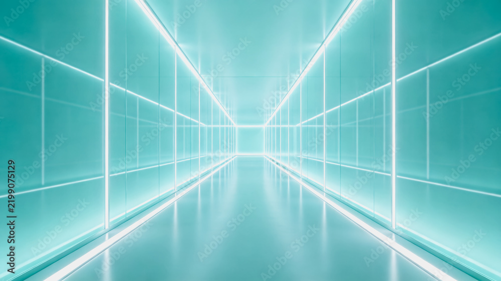 Fototapeta premium A sleek, futuristic 3D-rendered corridor lined with bright neon lights, featuring glossy reflective surfaces and symmetrical perspective.