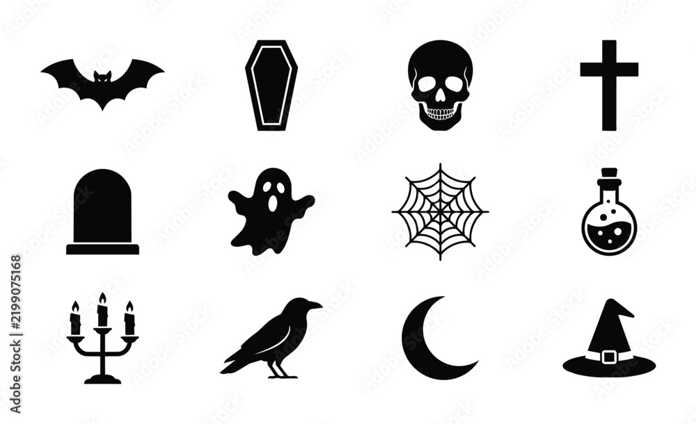 Fototapeta premium Halloween Icons Set: Spooky Vector Graphics Collection for Festive Design, Includes Bat, Coffin, Skull, Ghost, Witch Hat, and More