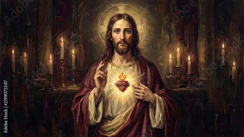 Sacred Heart of Jesus devotional portrait with candlelight