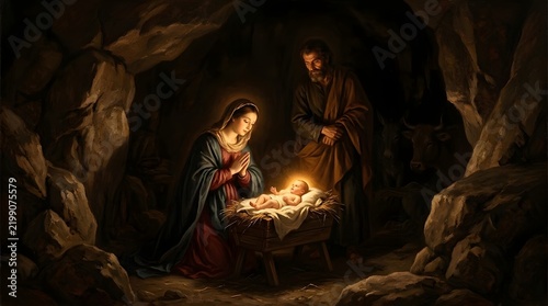 A dramatic oil painting of the Nativity scene inside a dark rocky grotto, the infant Jesus resting at the visual heart of the composition while Mary kneels beside Him and Joseph stands protectively be
