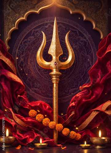 Golden trishul of Lord Shiva with marigold flowers and glowing oil lamps for religious worship