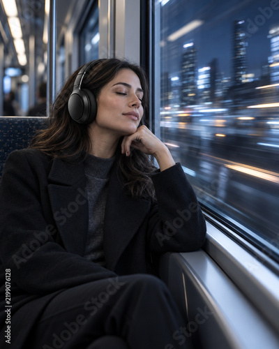 Young woman listening to music with wireless headphones during train commute