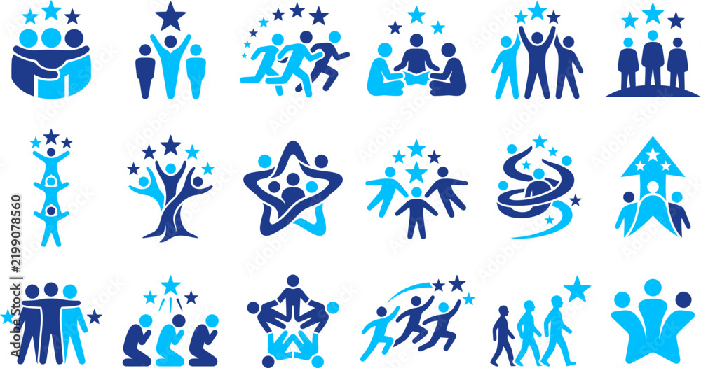 Fototapeta premium Diverse blue and cyan people group icons celebrating unity and teamwork for community, success, and collaboration in business and social contexts.