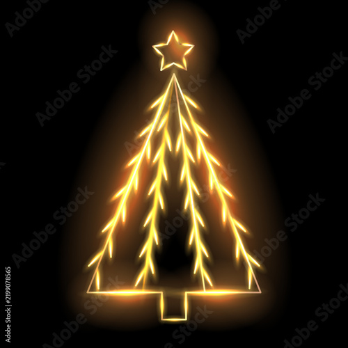 Gold glowing christmas tree on black background