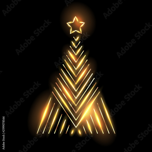 Abstract gold glowing christmas tree with star on black background