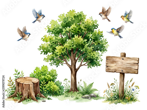 Watercolor illustration of a large green tree, flying birds, wooden signpost, tree stump, and bushes isolated on black background
