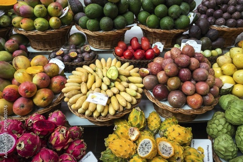 Exotic fruit stall, market, indoor market, Mercado dos Lavradores, Funchal, Madeira, Portugal