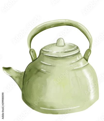 Minimal watercolor green teapot, soft pastel kitchenware