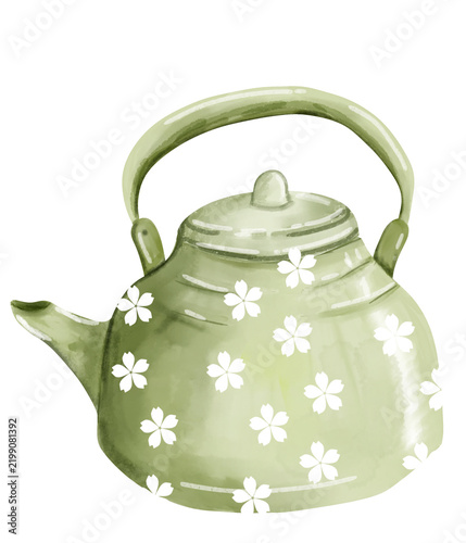 Watercolor green teapot with white flowers, vintage kitchen illustration