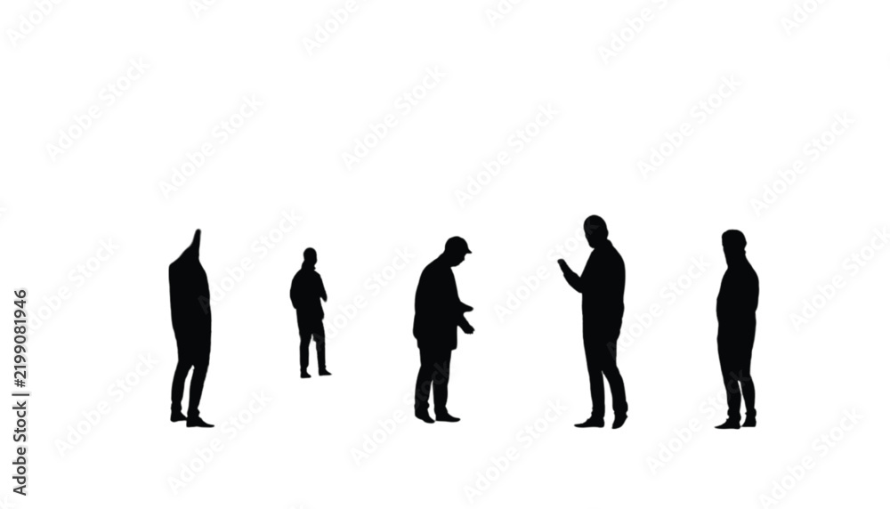 Obraz premium Businessmen silhouettes interacting and standing in various poses on a clean white background with ample copy space.
