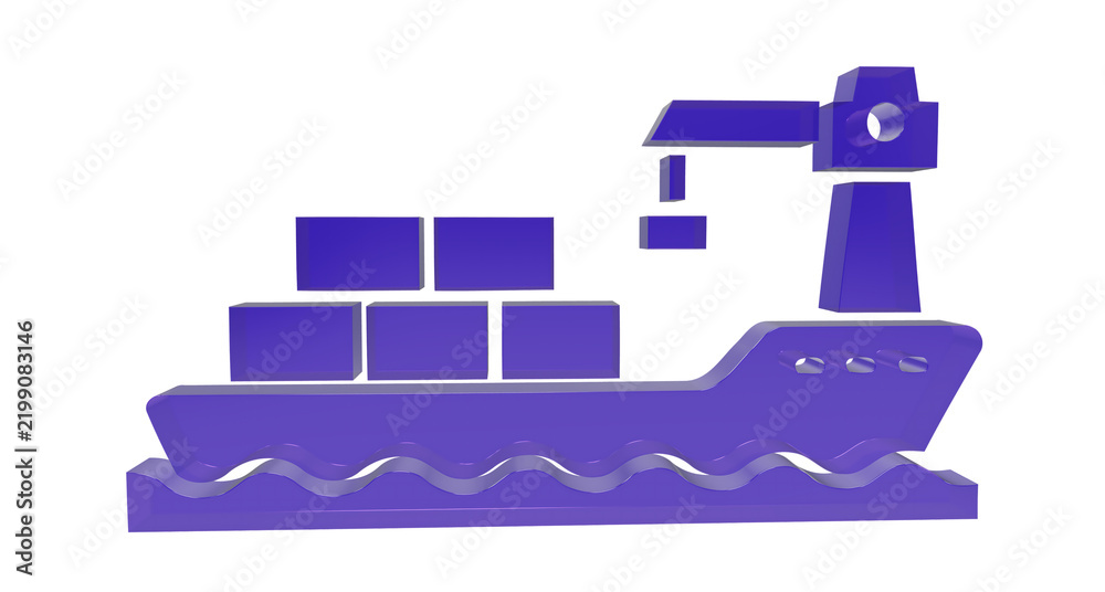 Obraz premium Purple 3D Cargo Ship Icon with Shipping Containers and Loading Crane Isolated on White Background